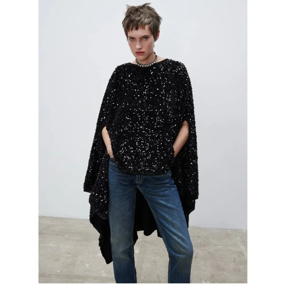 Rare and hard to find ZARA LIMITED EDITION SEQUIN CAPE / WOOL KNIT PONCHO BLACK - Picture 4 of 17